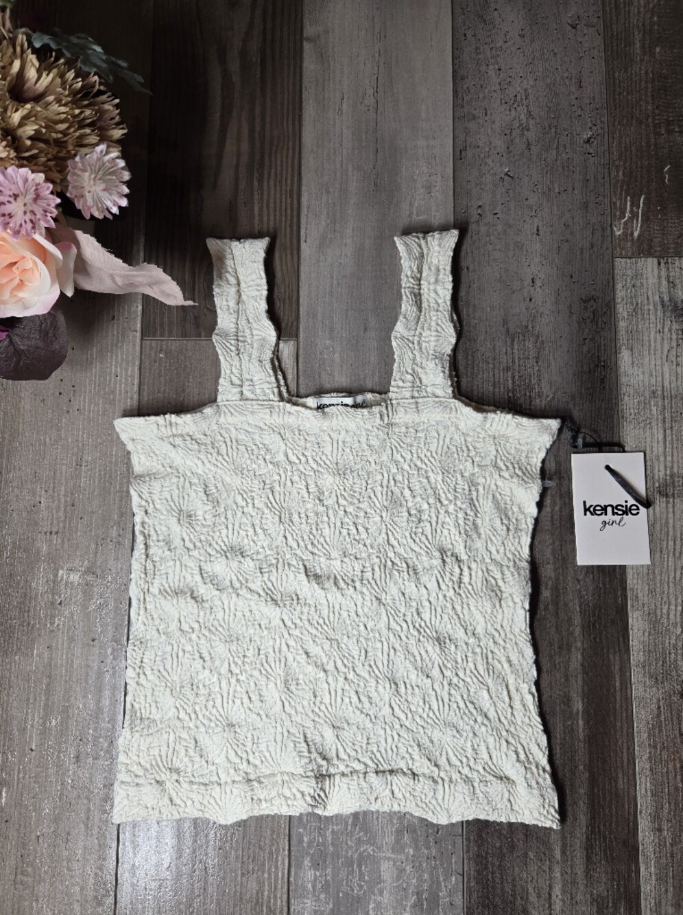 NWT Kensie Girl Cream Textured Square‑Strap Tank – Girls Medium (10/12)